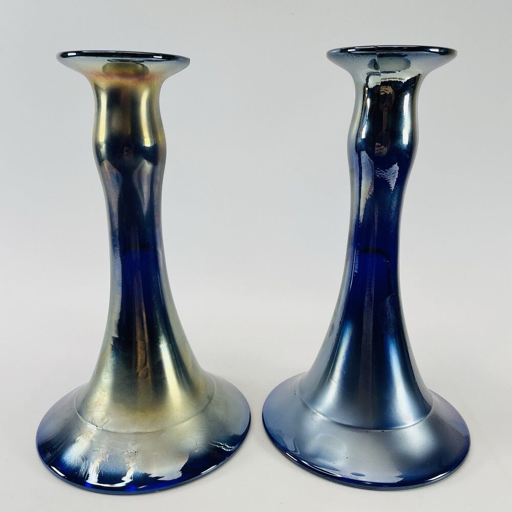 Dugan Mae West Carnival Glass Candlesticks Cobalt Blue Iridescent Pair Vtg 8"